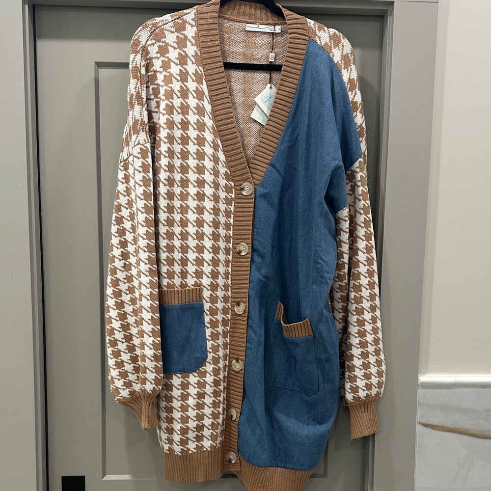 Womens Brown and Blue Cardigan Sweater. Oversized